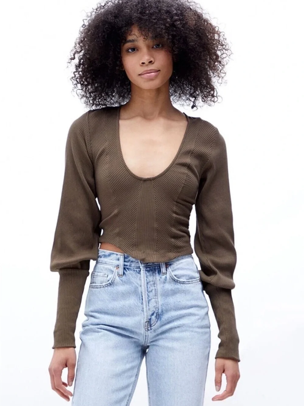 Free People Brown Ribbed Scoop-Neck Women's Top